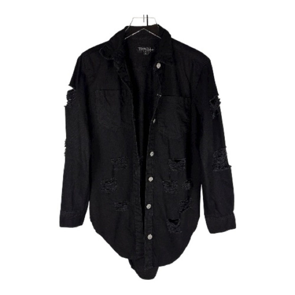 Thrill Jeans Ripped Distressed Black Denim Button-Up Shacket